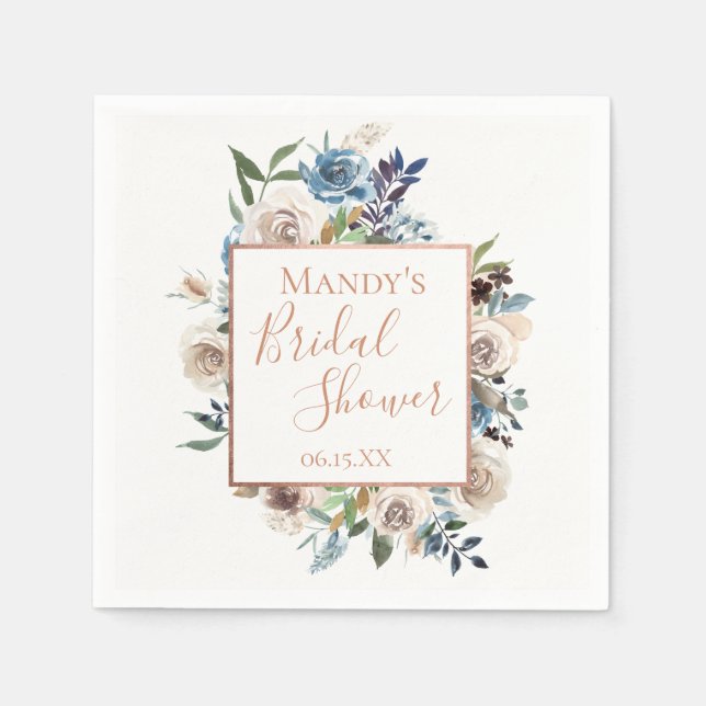 Dusty Blue Cream Floral Personalised Napkin (Front)