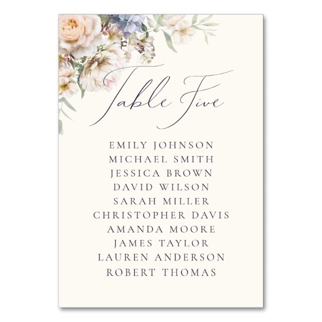 Dusty Blue Cream Floral Table Five Guest Names Number (Front)
