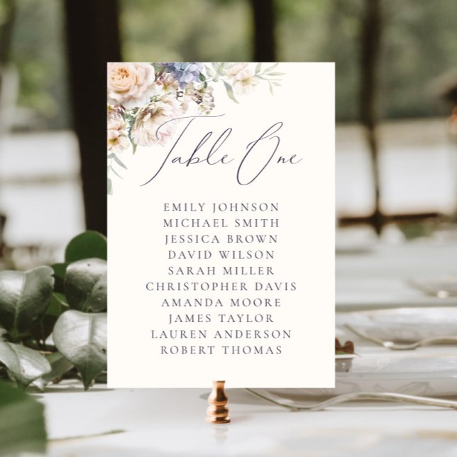 Dusty Blue Cream Floral Table One Guest Names Number (Creator Uploaded)