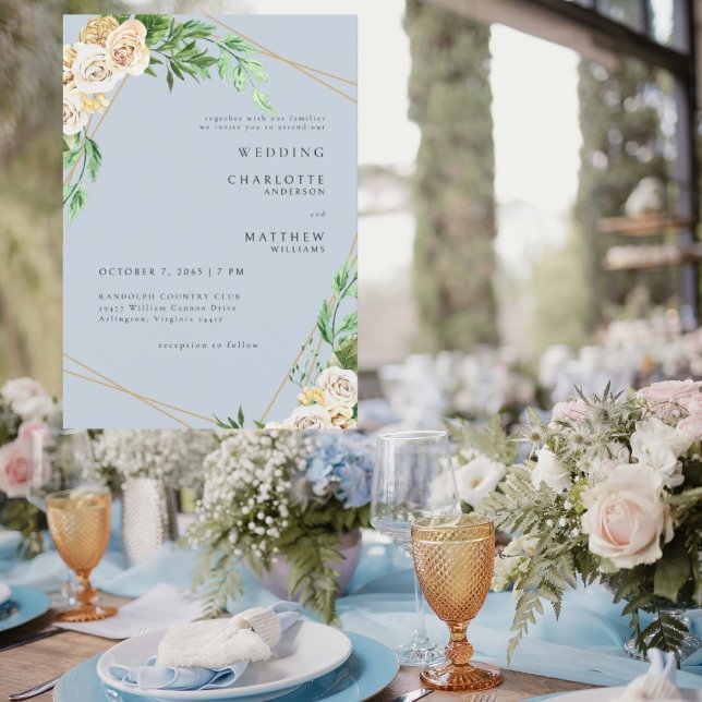 Dusty Blue Cream Floral Wedding Invitation (Creator Uploaded)