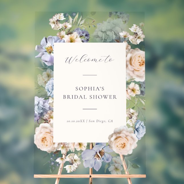 Dusty Blue Cream Floral Wedding Welcome Acrylic Sign (Neutral)