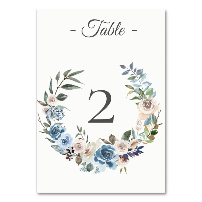 Dusty Blue Cream Floral Wreath Table Number Card (Front)
