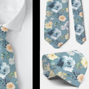 Dusty Blue Cream Watercolor Floral Roses Neck Tie