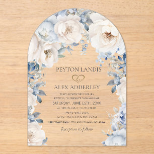 Dusty Blue Cream White Floral Gold Arch Wedding Acrylic Invitations