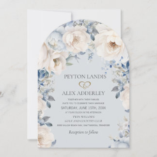 Dusty Blue Cream White Floral Gold Arch Wedding Invitation