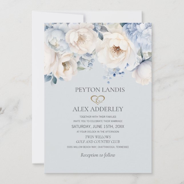 Dusty Blue Cream White Floral Gold Wedding Invitation (Front)