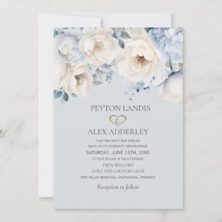 Dusty Blue Cream White Floral Gold Wedding Invitation