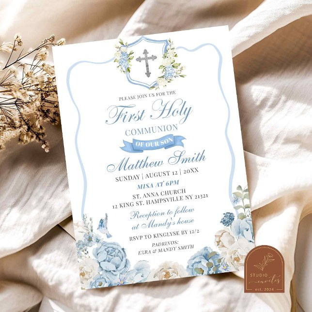 Dusty Blue Crest and Floral First Holy Communion Invitation (Creator Uploaded)