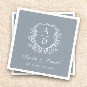 Dusty Blue Crest Elegant Monogram Wedding  Napkin