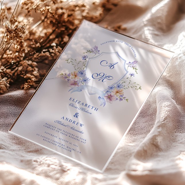 Dusty Blue Crest Floral Wedding Acrylic Invitations (Creator Uploaded)