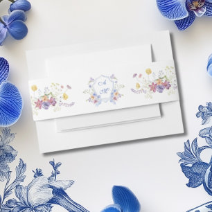 Dusty Blue Crest Floral Wedding Invitation Belly Band