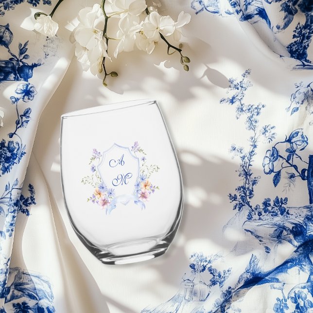 Dusty Blue Crest Floral Wedding Stemless Wine Glass (Creator Uploaded)