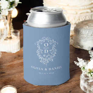 Dusty Blue Crest Modern Monogram Wedding  Can Cooler