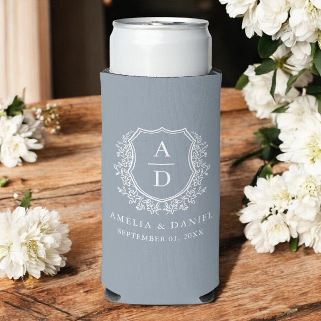 Dusty Blue Crest Modern Monogram Wedding  Seltzer Can Cooler (Creator Uploaded)