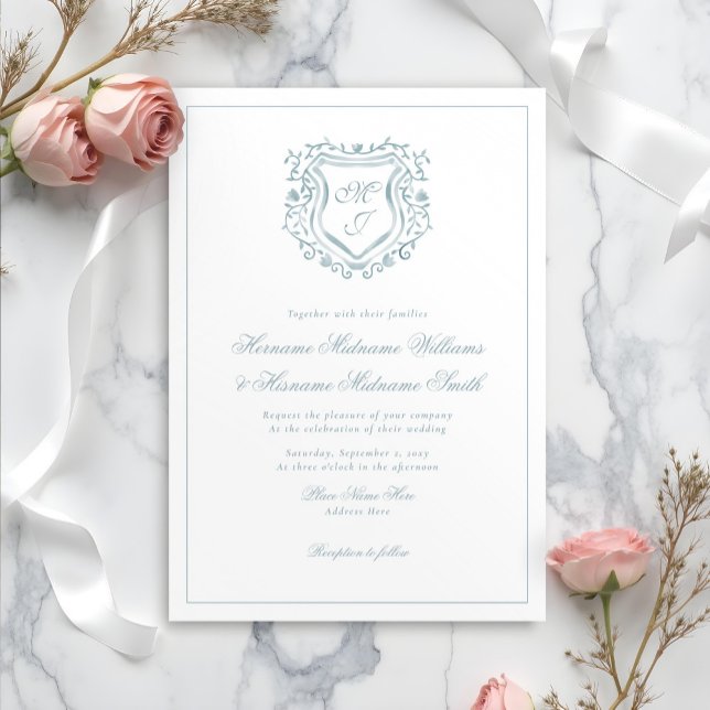 Dusty Blue Crest Monogram Elegant Classy Wedding Invitation (Creator Uploaded)