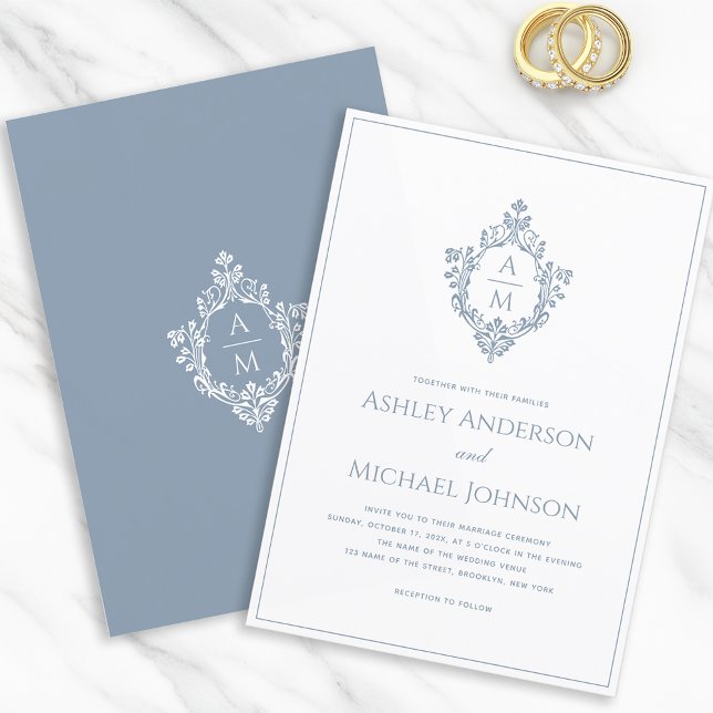 Dusty Blue Crest Monogram Formal Elegant Wedding Invitation (Creator Uploaded)