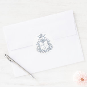 Dusty Blue Crest Monogram Regal Scrollwork Wedding Classic Round Sticker