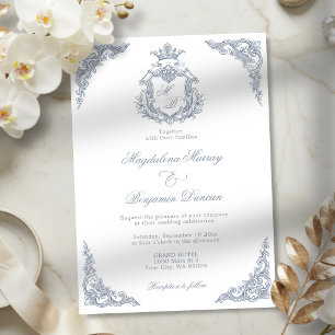 Dusty Blue Crest Monogram Regal Scrollwork Wedding Invitation