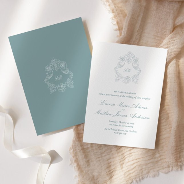Dusty Blue Crest Monogram Sophisticated Wedding Invitation (Creator Uploaded)