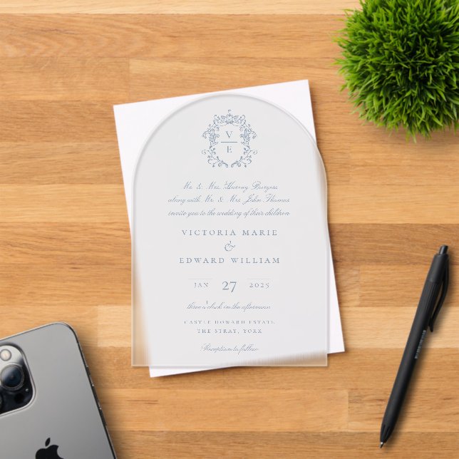 Dusty Blue Crest Monogram Wedding Acrylic Invitations (Insitu (Invitation Card))