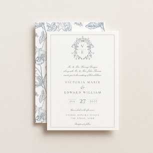 Dusty Blue Crest Monogram Wedding Invitation