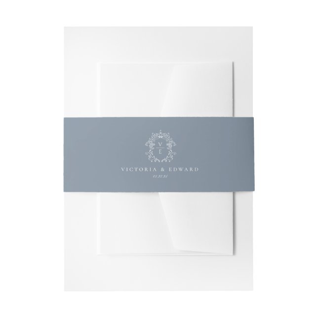 Dusty Blue Crest Monogram Wedding Invitation Belly Band (Front Example)