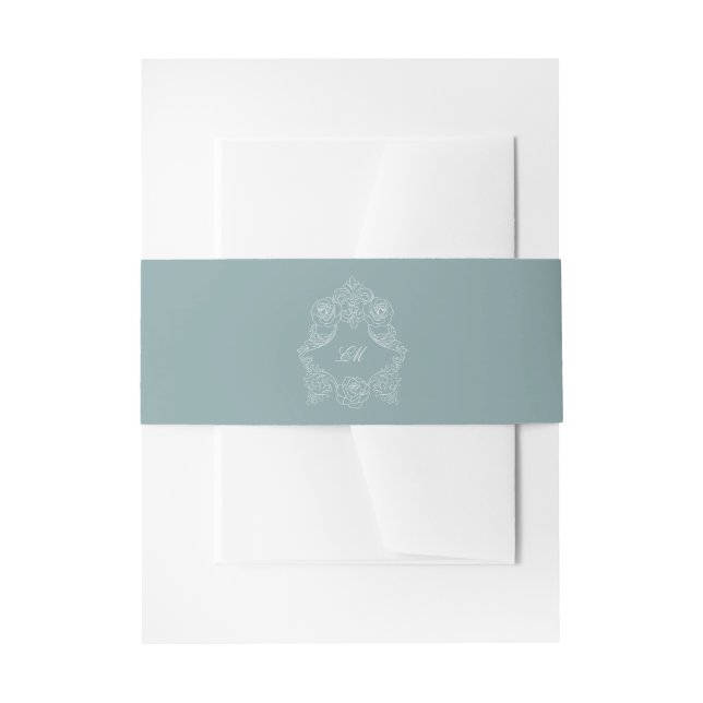Dusty Blue Crest Monogram Wedding Invitation Belly Band (Front Example)