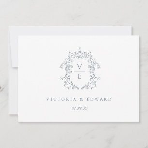 Dusty Blue Crest Monogram Wedding Logo Invitation