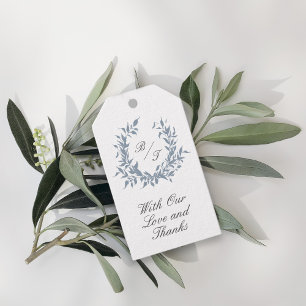 Dusty Blue Crest Monogram Wedding Logo Thank You Gift Tags