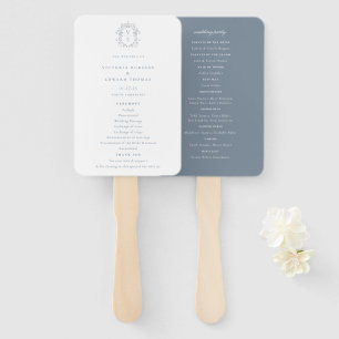 Dusty Blue Crest Monogram Wedding Program Hand Fan