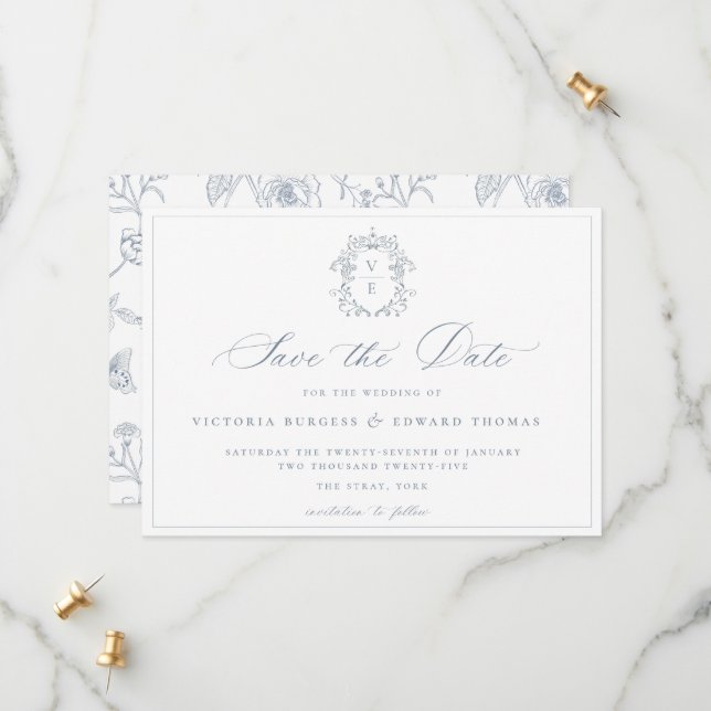 Dusty Blue Crest Monogram Wedding QR Code Save The Date (Front/Back In Situ)