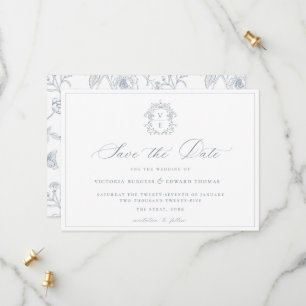 Dusty Blue Crest Monogram Wedding Save The Date