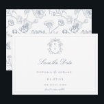 Dusty Blue Crest Monogram Wedding Save The Date<br><div class="desc">Dusty Blue Monogram Crest,  wedding save the date. Vintage inspired Regency-Era baroque line art monogram crest. Features,  an elegant dusty blue typography design style mix of script and bold type. Chinoiserie style garden pattern backing.</div>