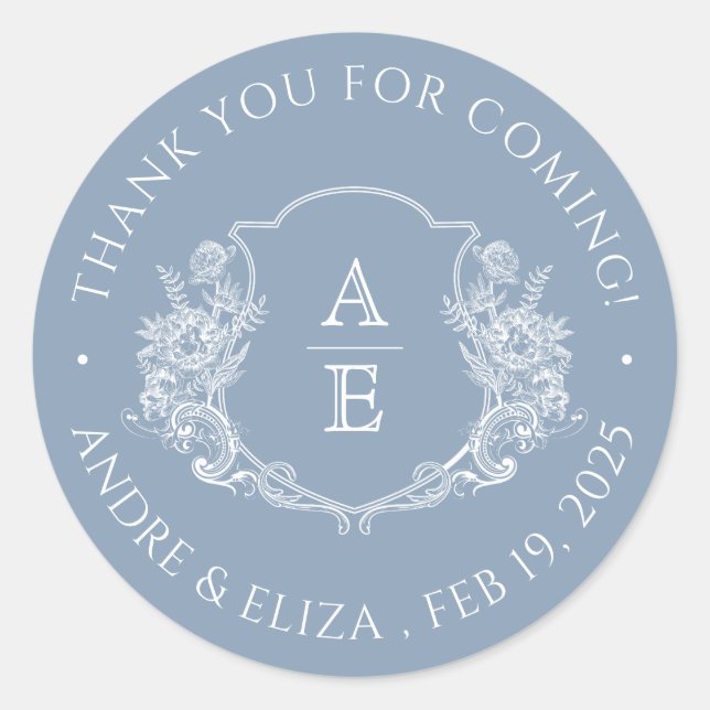 Dusty Blue Crest Monogram Wedding Sticker (Front)