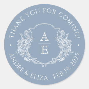 Dusty Blue Crest Monogram Wedding Sticker