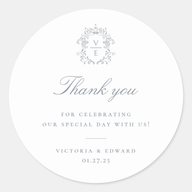 Dusty Blue Crest Monogram Wedding Thank You Classic Round Sticker (Front)
