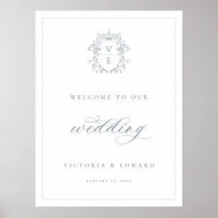 Dusty Blue Crest Monogram Wedding Welcome Poster