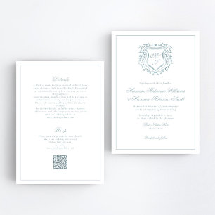 Dusty Blue Crest QR RSVP All-In-One Wedding Invitation