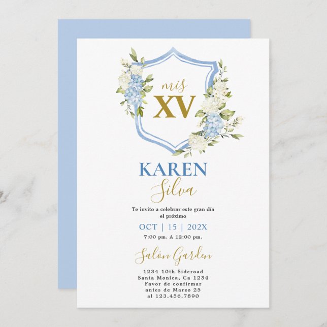Dusty Blue Crest  Quinceanera Invitation (Front/Back)
