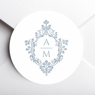 Dusty Blue Crest Wedding Monogram 2 Initials White Classic Round Sticker