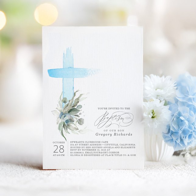 Dusty Blue Cross and Sage Greenery Elegant Baptism Invitation (Boy's Baptism Invitation)