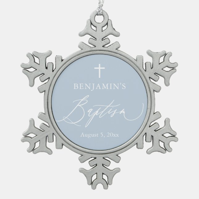 Dusty Blue Cross Baptism Snowflake Framed Ornament (Front)