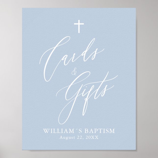 Dusty Blue Cross Boy Baptism Cards & Gifts Poster (Front)