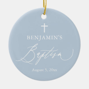 Dusty Blue Cross Boy Baptism Ceramic Ornament