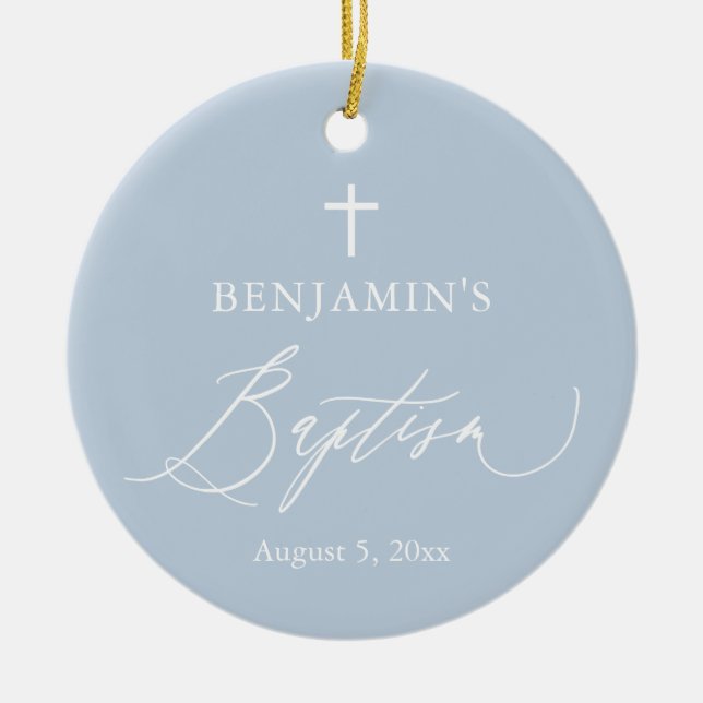Dusty Blue Cross Boy Baptism Ceramic Ornament (Front)