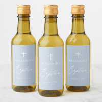 Dusty Blue Cross Boy Baptism Mini Wine Label