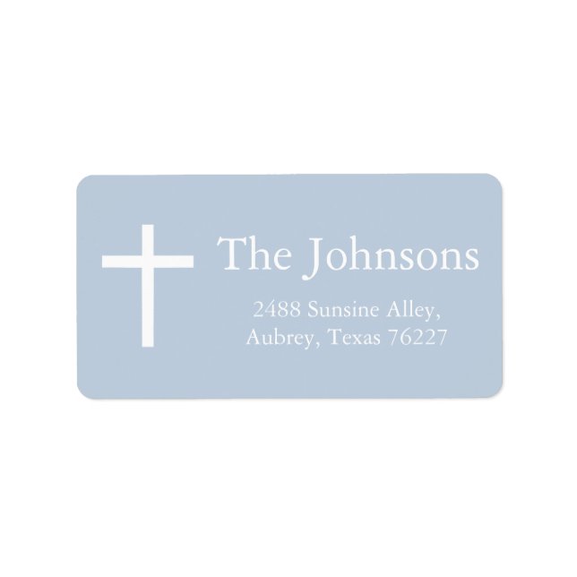 Dusty Blue Cross Boy Baptism Return Address Label (Front)