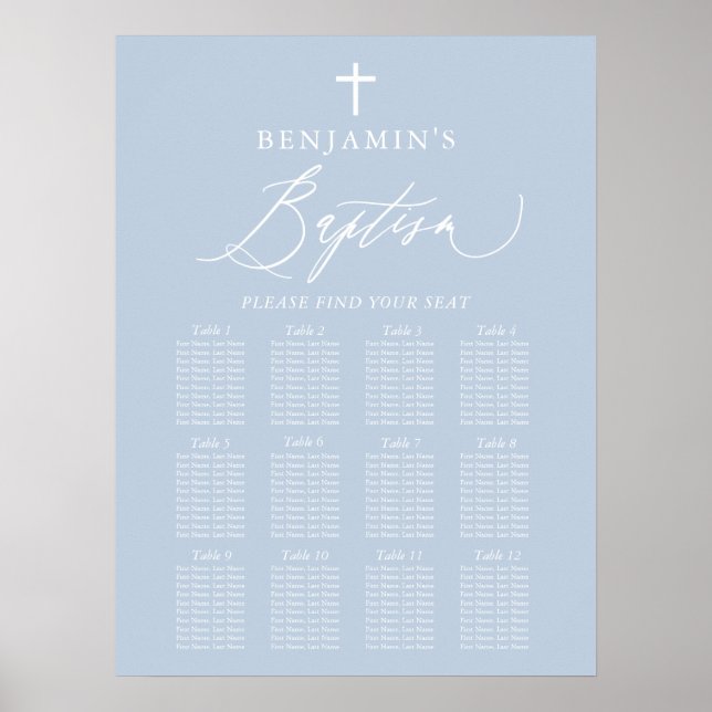 Dusty Blue Cross Boy Baptism Seating Chart Sign (Front)