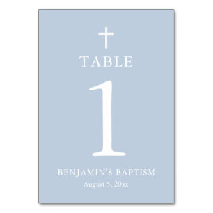 Dusty Blue Cross Boy Baptism Table Number Card