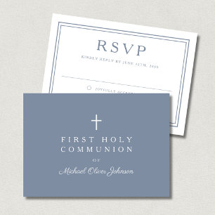 Dusty Blue Cross Boy First Holy Communion RSVP Card